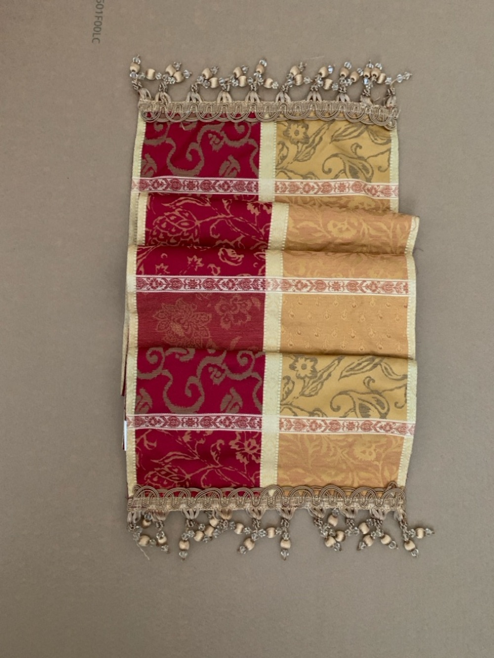 Pier 1 Red Table Multi Gold Tone Runner with ClearTassel Beads.